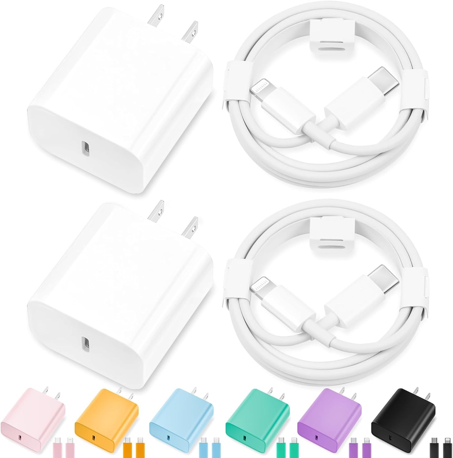 20W Type-C Fast Charger Block 2 Pack with 10FT & 6FT Cables for iPhone 14/13