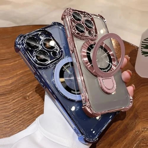 Pink Shockproof Silicone Case for iPhone 16 Pro Max with Magnetic Ring Kickstand