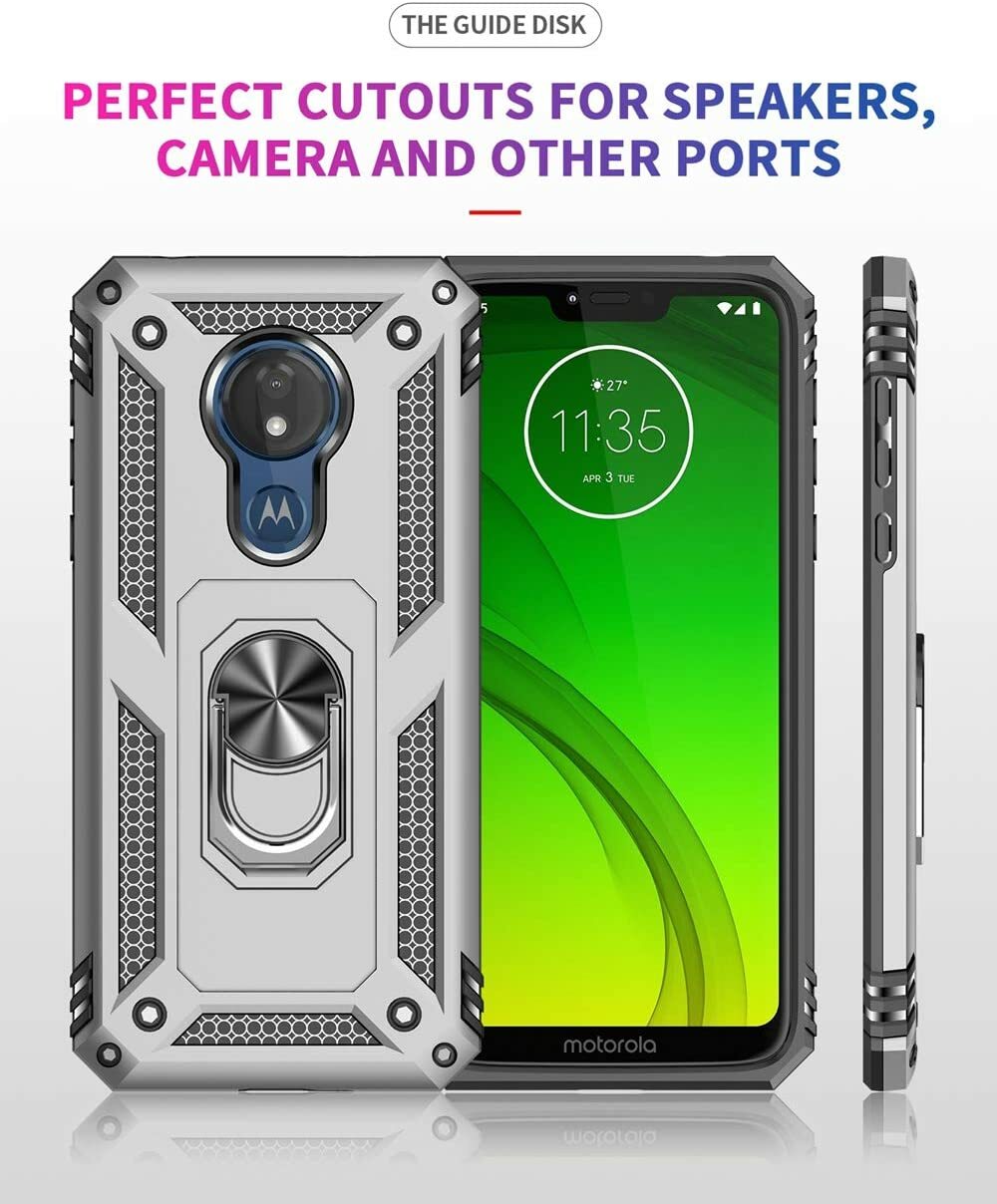 For Motorola Moto G7 Power Case 360 Metal Rotating Ring Kickstand Cover Silver