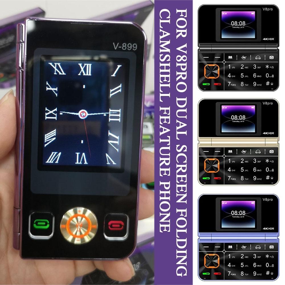 Dual Screen Mobile Phone Folding Flip Cell Large Button V8 Pro Sim Flashlight