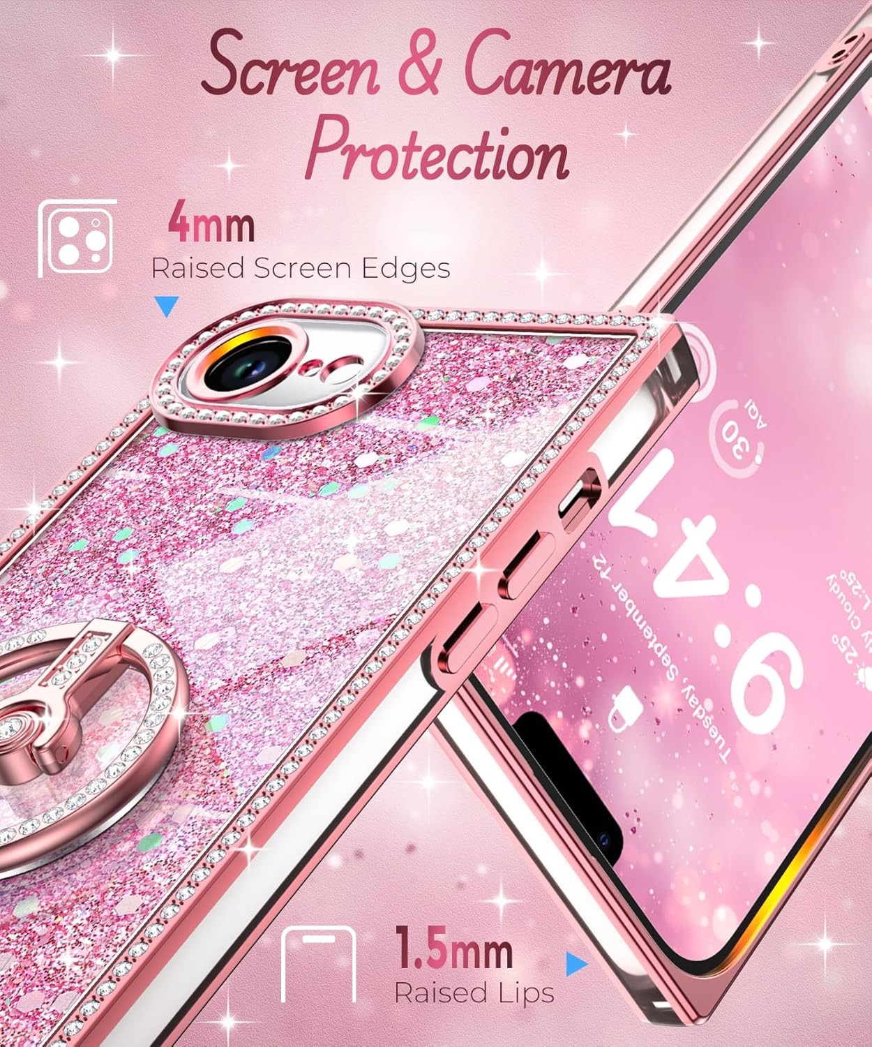 iPhone 17e/16e Case with Ring Stand, Glitter Sparkle Phone Case for Women Girls