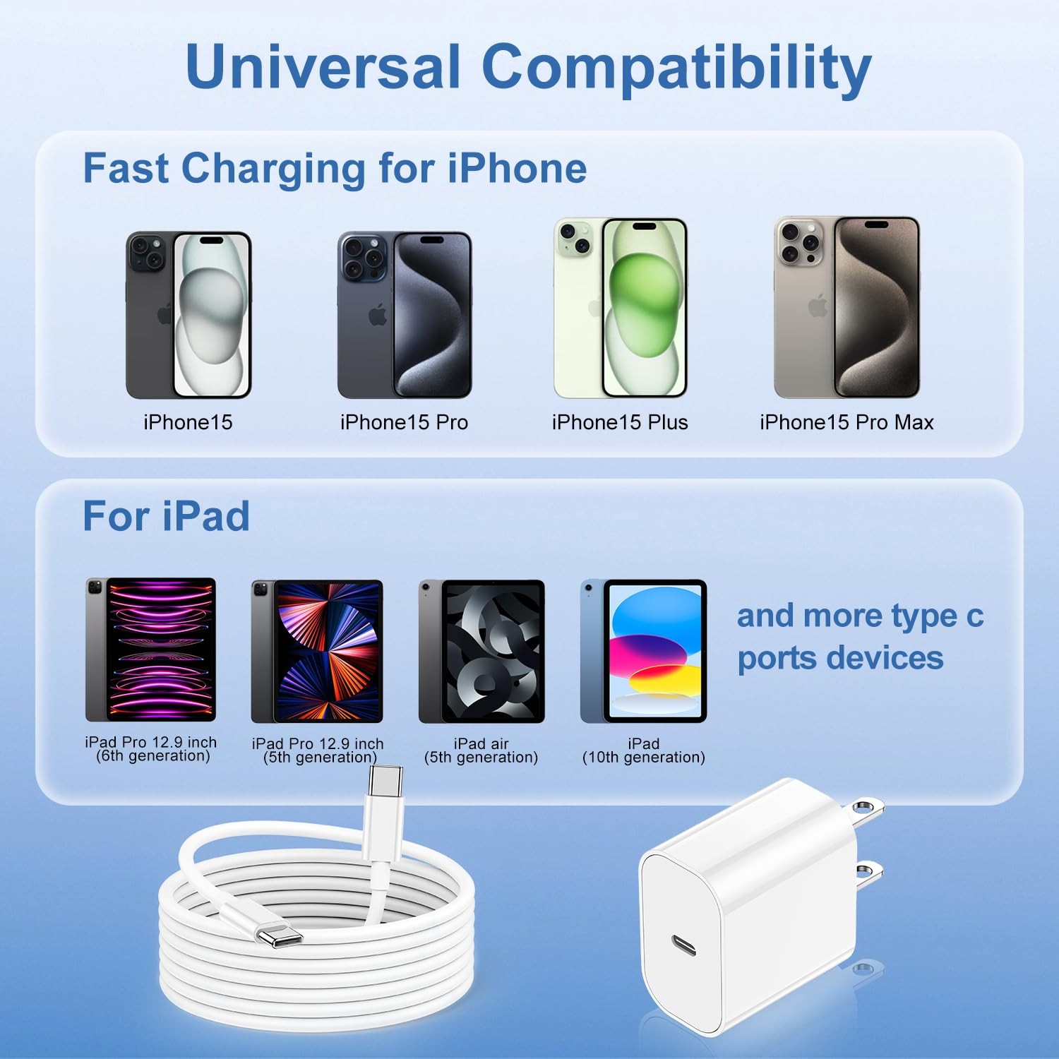iPhone 17 16 15 Fast Charger and 10ft Type C to C Cable Cord Long, 20W USB C Plu
