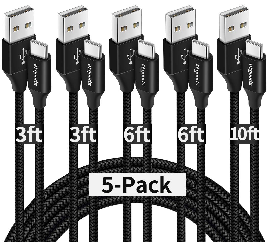 USB A to USB C Cable 5-Pack (3/3/6/6/10 ft) Fast Charging Type C Charger Cord