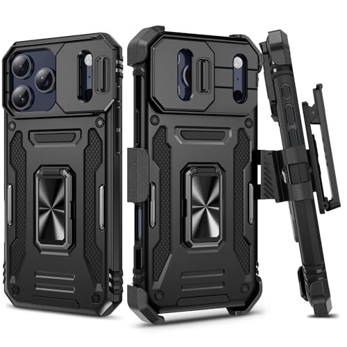 iPhone 17 ProMax Case with Belt Clip, Slide Camera Cover & 360° Ring Kickstand