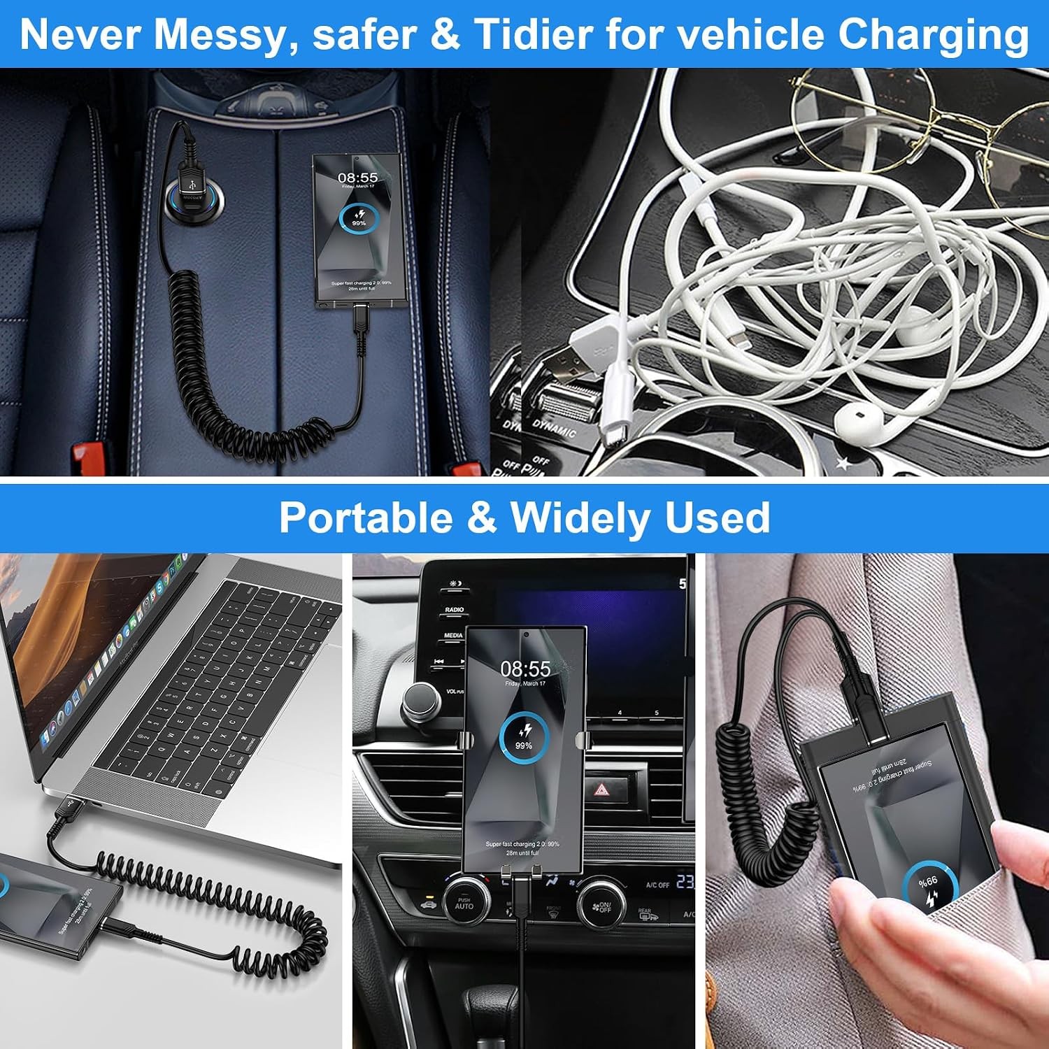 USB to USB-C Fast Charger for iPhone 17/16, 3FT Retractable Cable