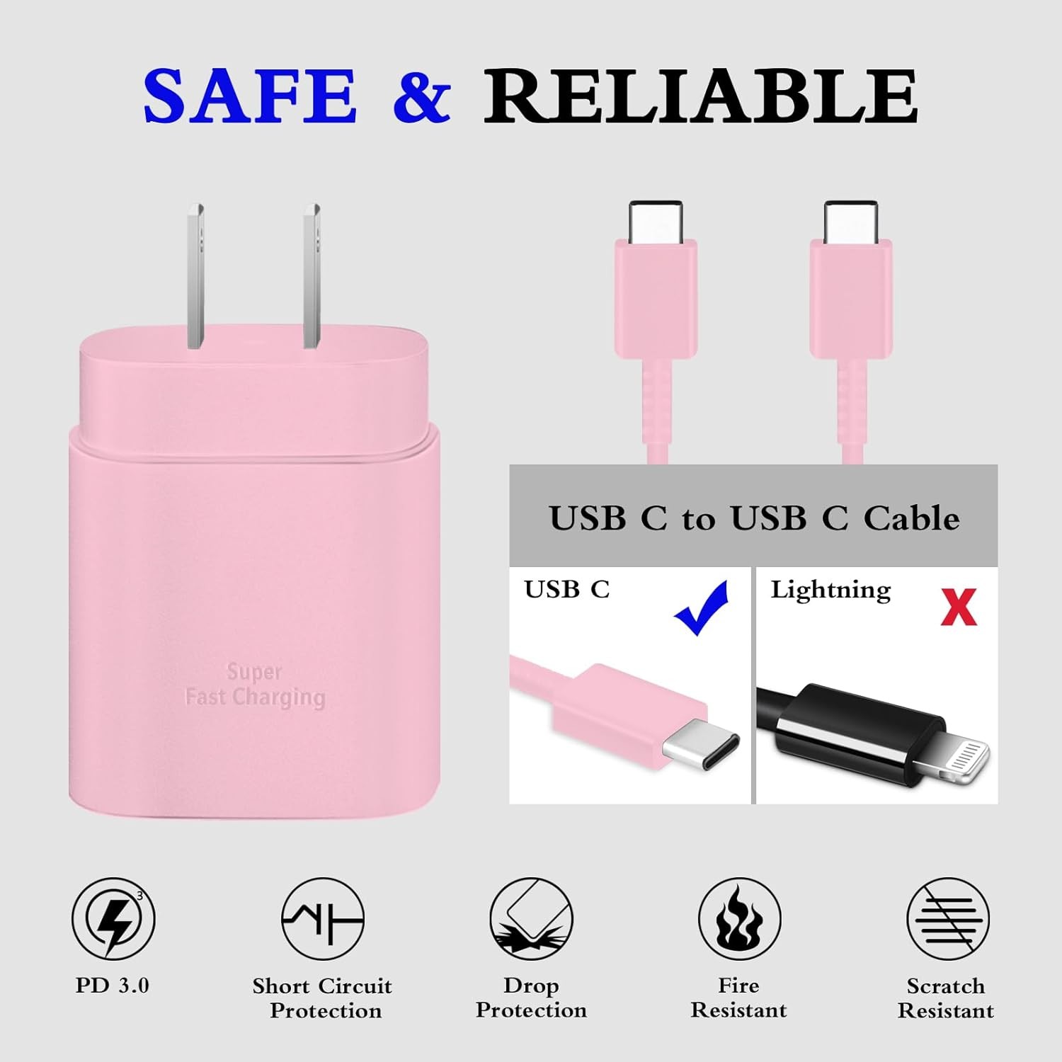 2-Pack 25W Type-C Super Fast Charger Block for Galaxy S23 Ultra/S22 6ft Cable