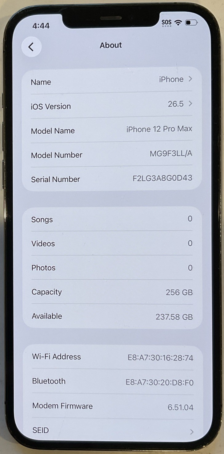 USED GSM UNLOCKED, GRAPHITE iPhone 12 PRO MAX, 256GB A2342 MG9F3LL/A FOR REPAIR