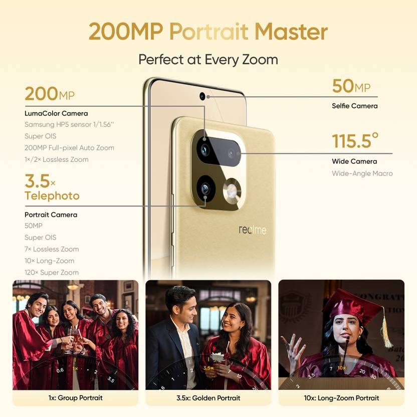 realme 16 Pro+ 5G (Gold, 256GB 8GB RAM) 7 Gen 4 Processor 6.8″ Gobal Version.