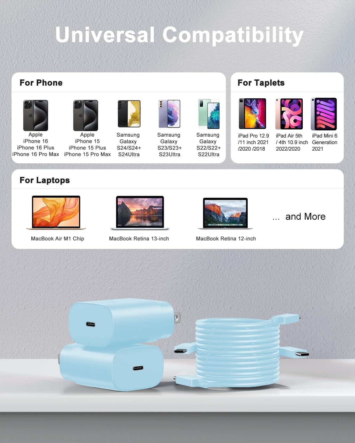 25W Fast Charger Block with 10FT & 6FT USB-C Cables for Galaxy S25/iPhone 15 2-P