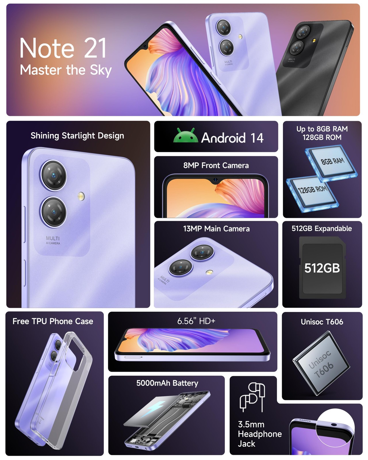 Note 21 Unlocked Phones, 8GB+128GB/1TB Expansion Android 14, Octa Core, 6.56 …
