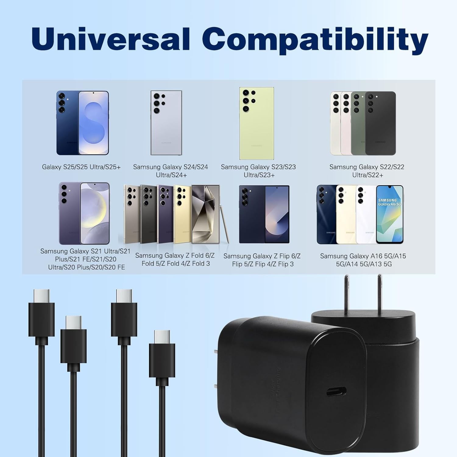 2 Pack 25W Type-C Fast Charger Adapter for Samsung Galaxy S25 Ultra/S24 10FT