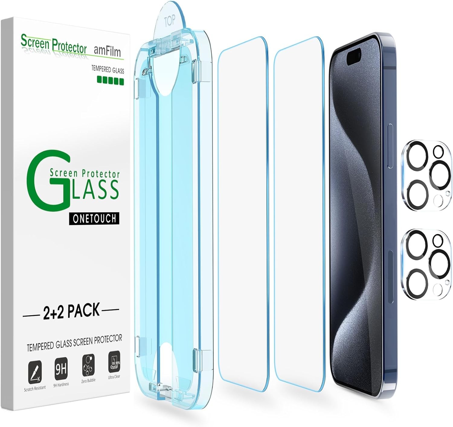 Tempered Glass Screen Protector for iPhone 15 Pro Max – 2+2 Pack, Bubble Free, A