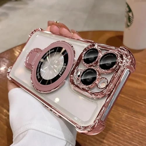 Pink Shockproof Silicone Case for iPhone 16 Pro Max with Magnetic Ring Kickstand