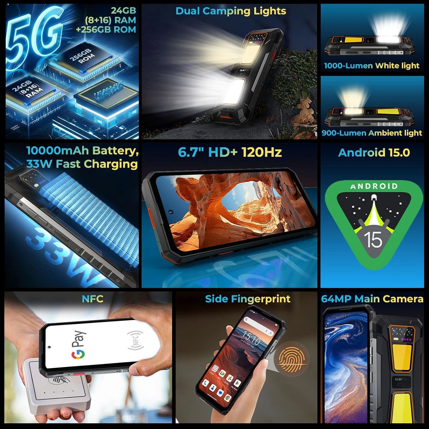 OUKITEL WP58 Pro Rugged Phone 5G 10000mAh Battery Android 15 IP68 6.7″ 120Hz NFC