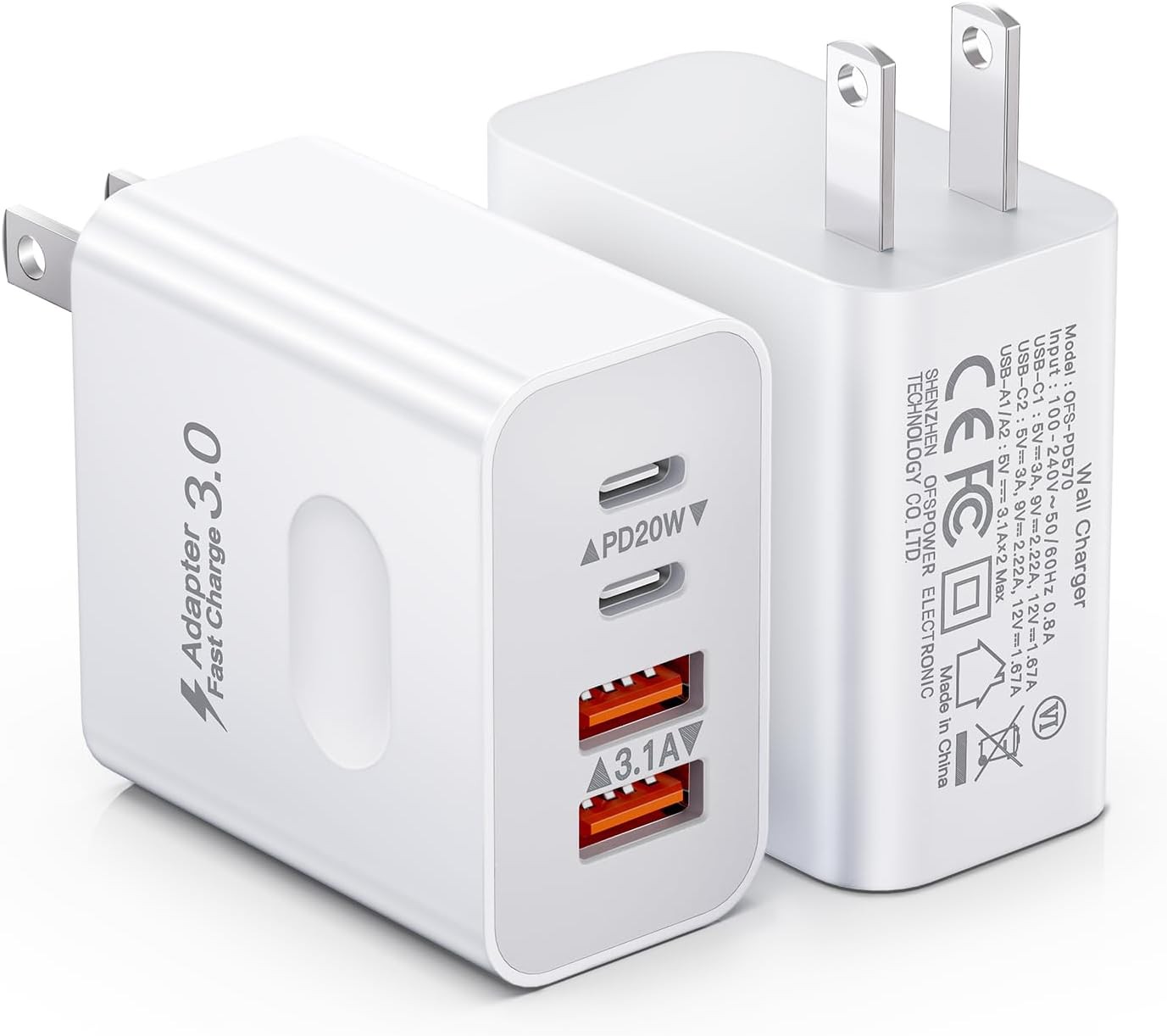 40W 4-Port USB C Fast Charging Block, 2-Pack Wall Charger Power Adapter