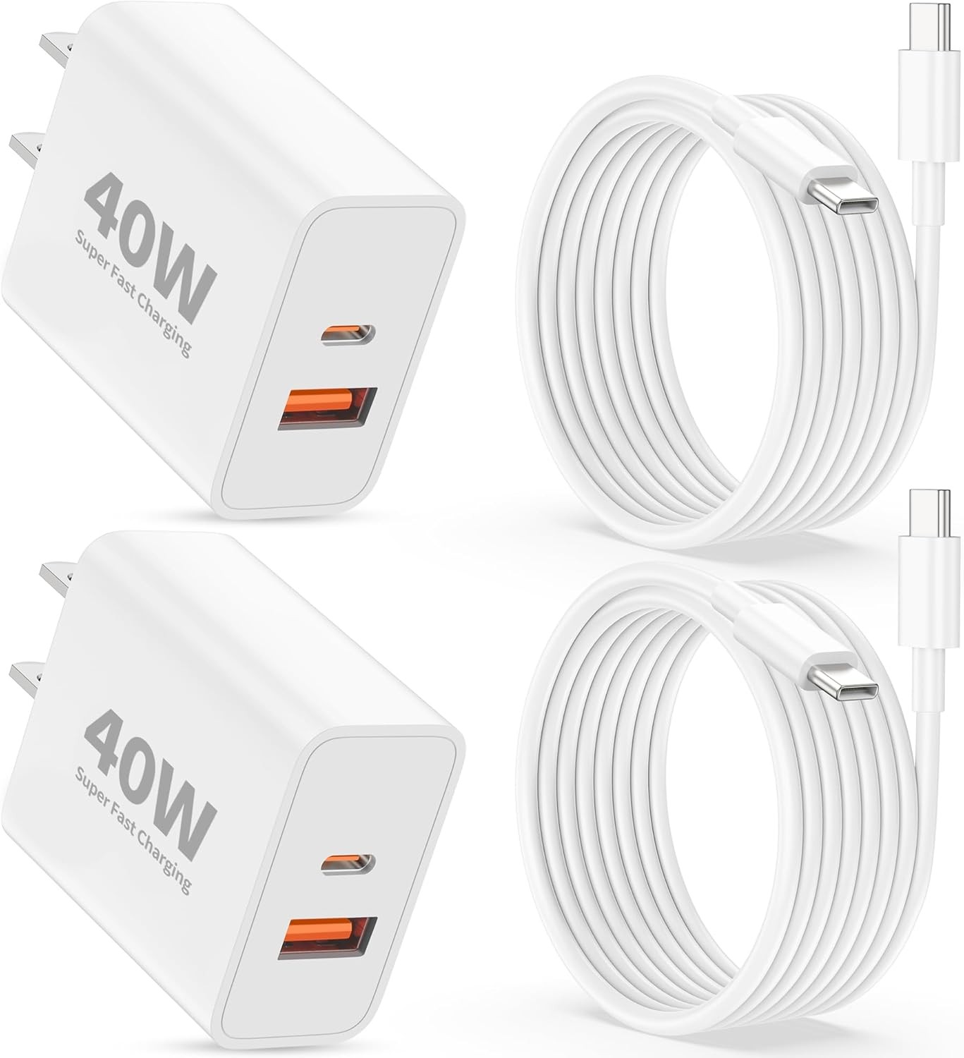 40W Dual Port USB-C Fast Wall Charger 2-Pack with 6FT Cable for iPhone 16/17