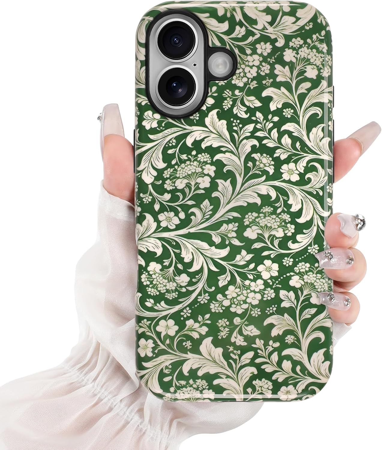 2in1 Case Designed for iPhone 17, Cute Vintage Green Flower Pattern for Girls Wo