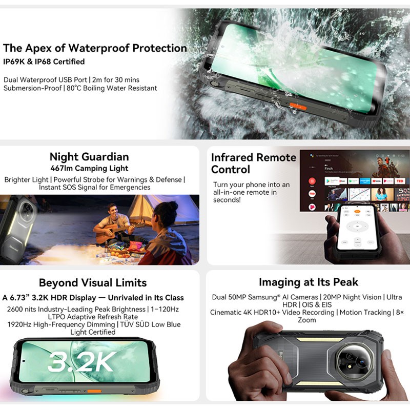 Blackview XPLORE 2 Projector 5G Rugged Phone Android 15 AI Mobile AMOLD 20000mAh