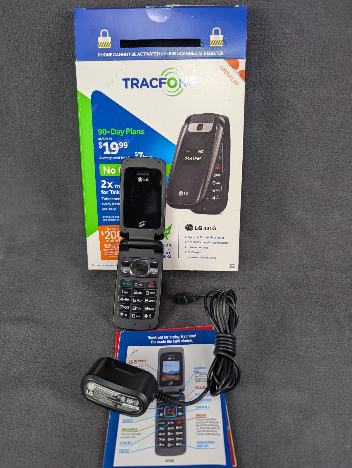 Vtg LG 441G Tracfone Flip Phone Black 1.3MP Camera Bluetooth – Complete in Box