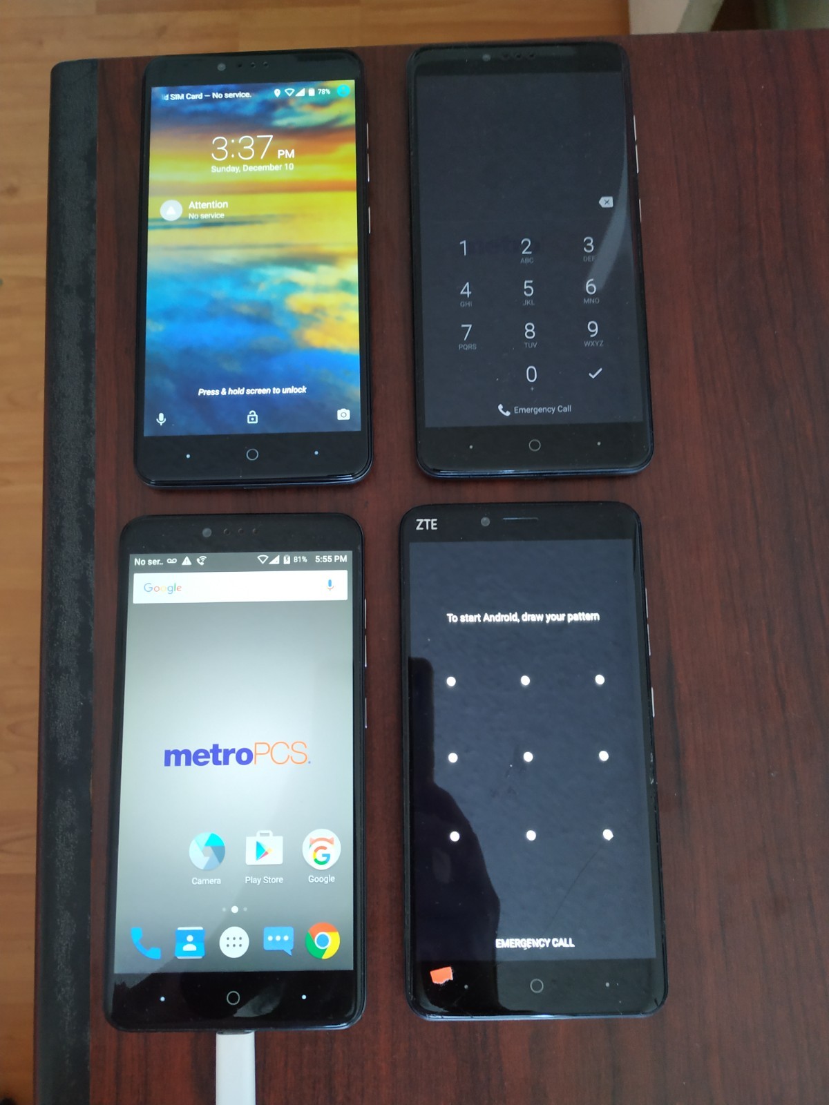 Lot of 4 Mixed model MetroPcs Z981 32GB and other Blue Smartphone For parts