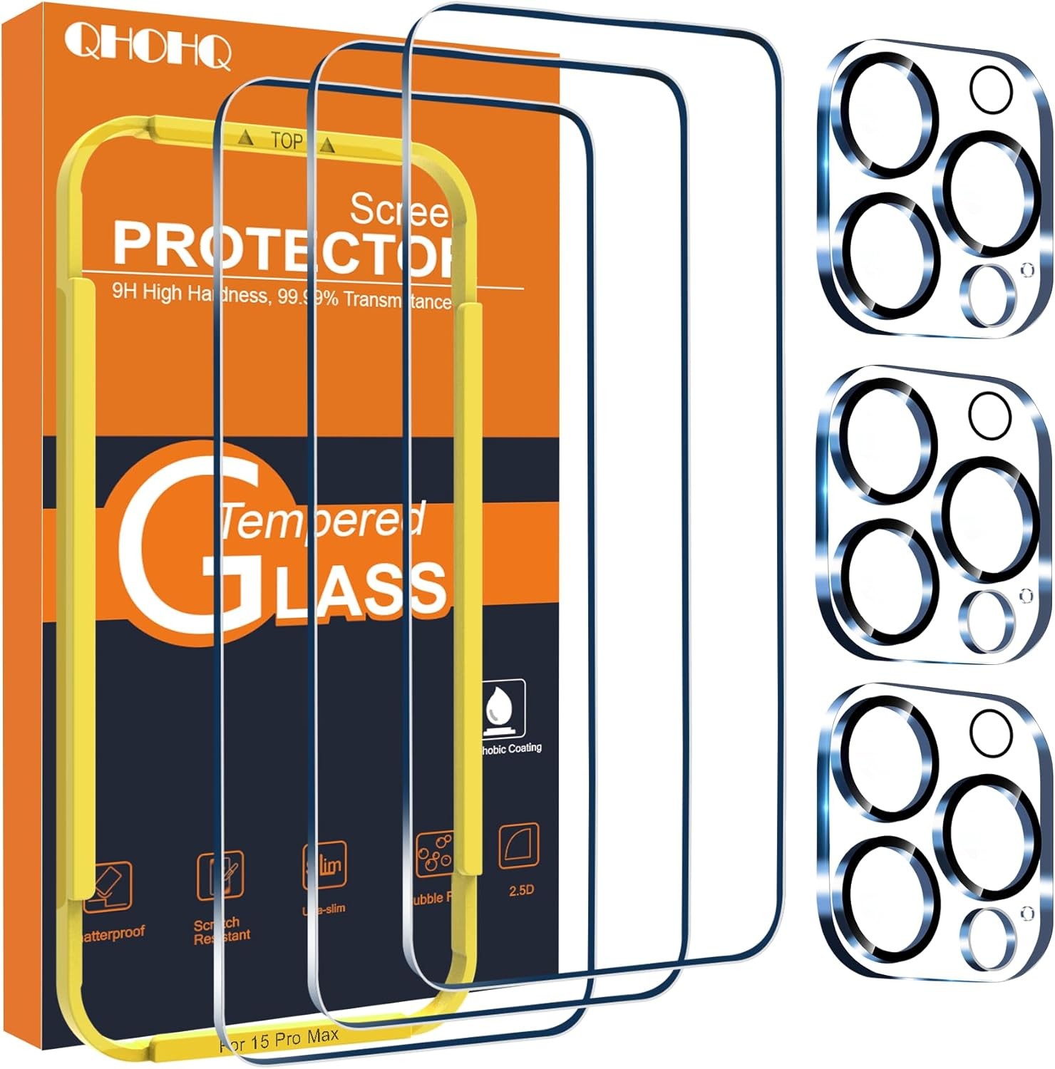3-Pack Tempered Glass Screen & Camera Lens Protectors for iPhone 15 Pro Max 6.7