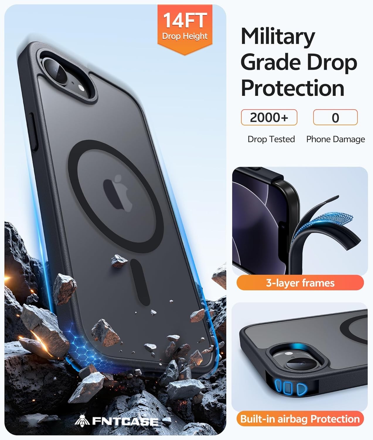 Case & Screen Protector for iPhone 17e 16e Translucent Matte Military Grade Blac
