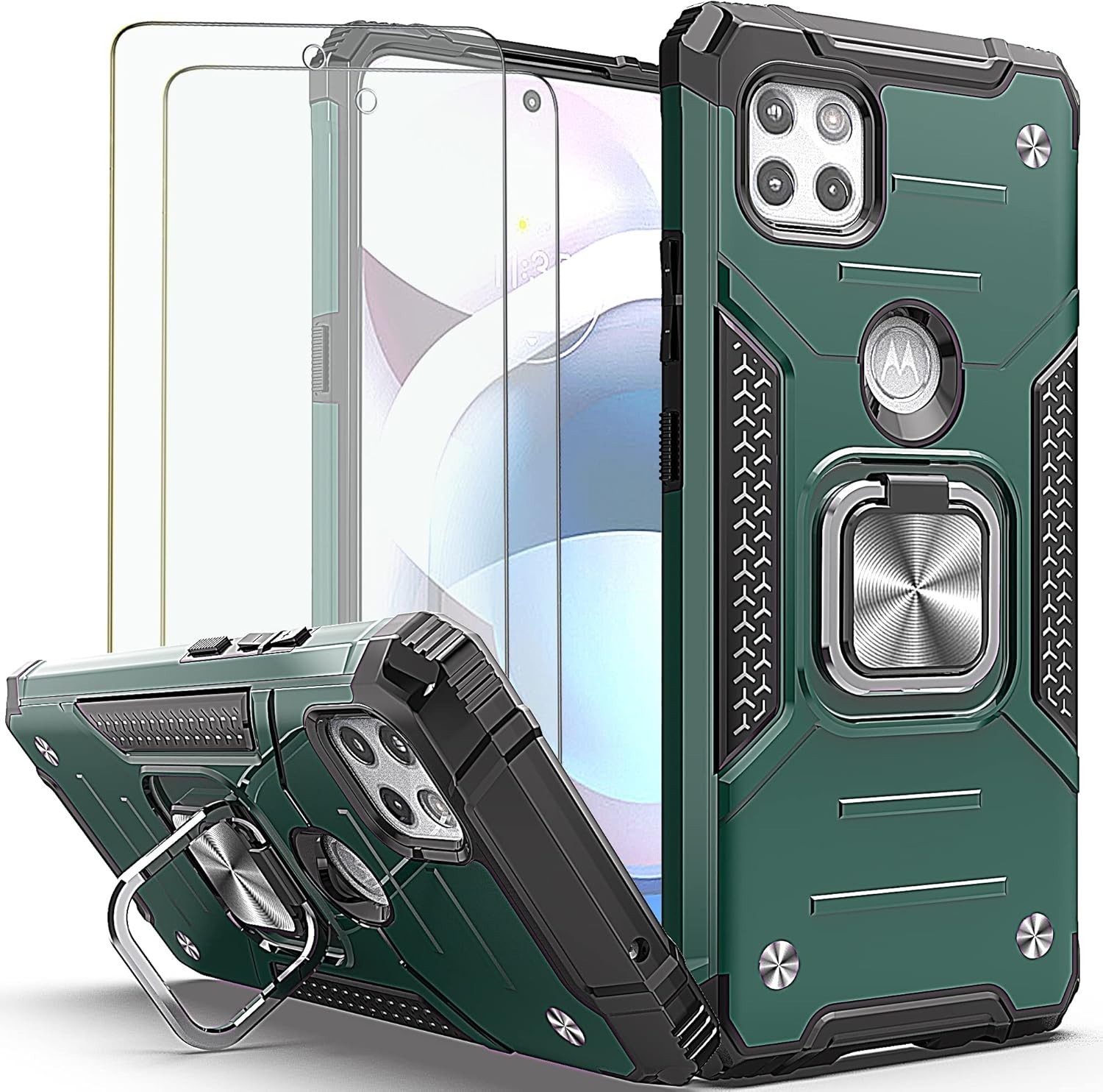 For Moto One 5G Ace Case + 2 Tempered Glass Shockproof,Motorola G 5G -Dark Green