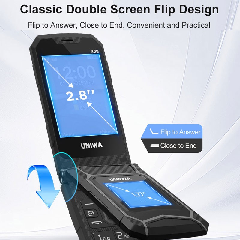 UNIWA X29 2.8 Inch Mobile Dual SIM Rugged Style Flip Phone Keyboard Unlocked