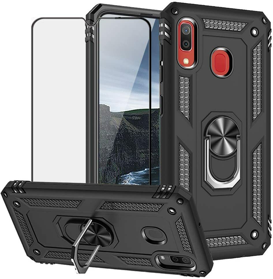 For Samsung Galaxy A20/A30 Shockproof Case, Ring ,Stand +Tempered Glass