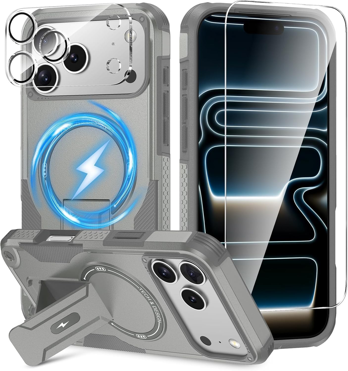 3 in 1 for iPhone 17 Pro Max Case, Invisible Kickstand, HD Screen Protector, Cam