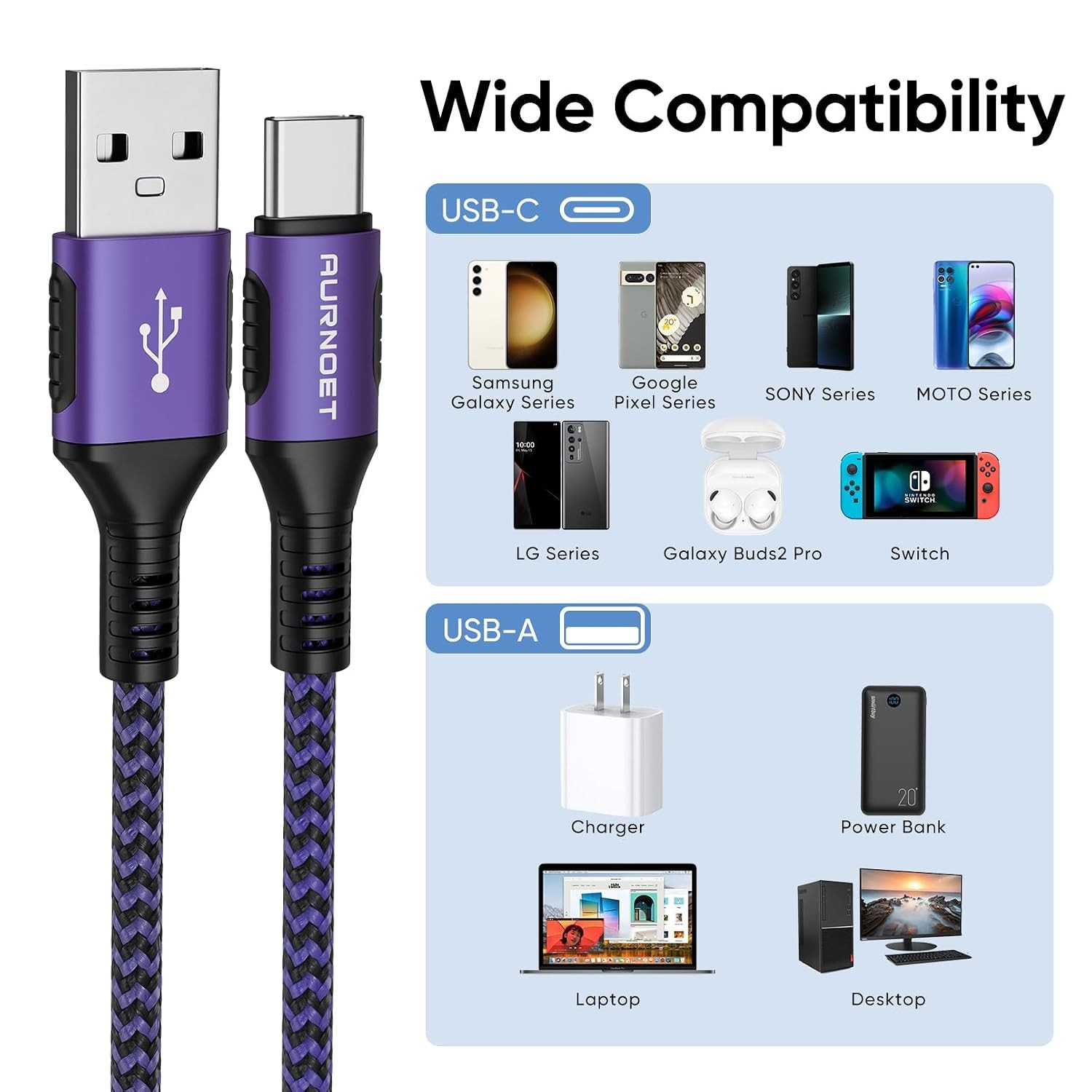 3-Pack 10Ft USB-C Fast Charger Cable for Samsung Galaxy S21 S20