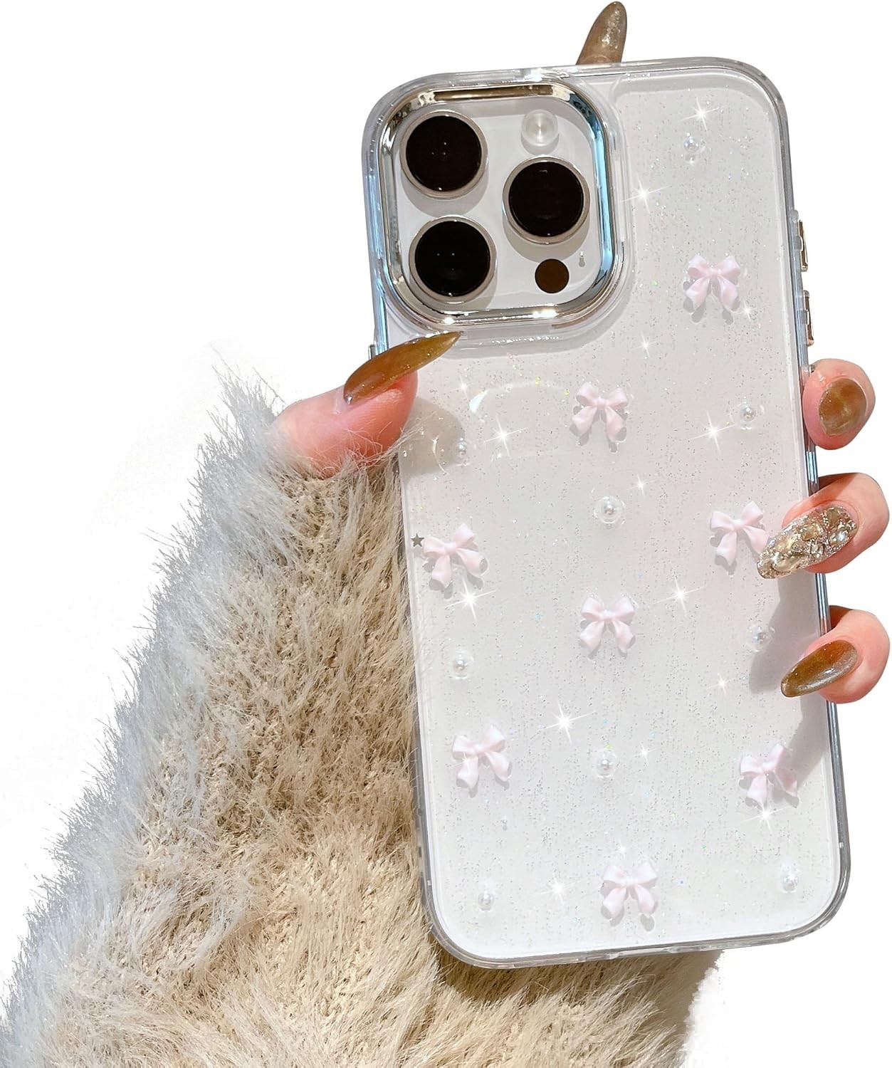 Cute Sparkly Bowknot Case for iPhone 13 Pro Max Slim Soft Durable TPU Pink 78 Ch