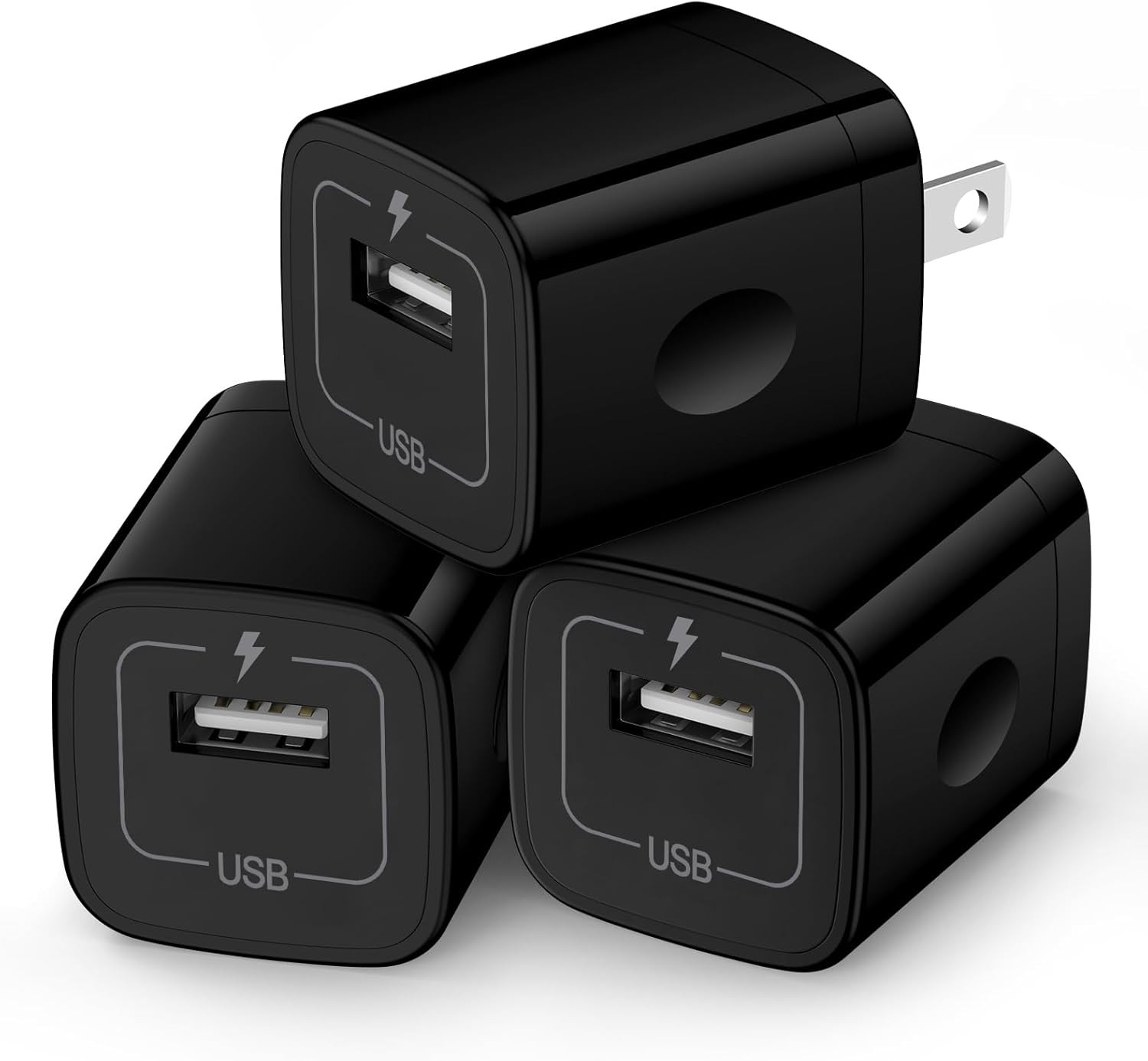 Wall Charger Cube 1A/5V Single Port USB Plug 3 Pack Travel Black Adapter Box