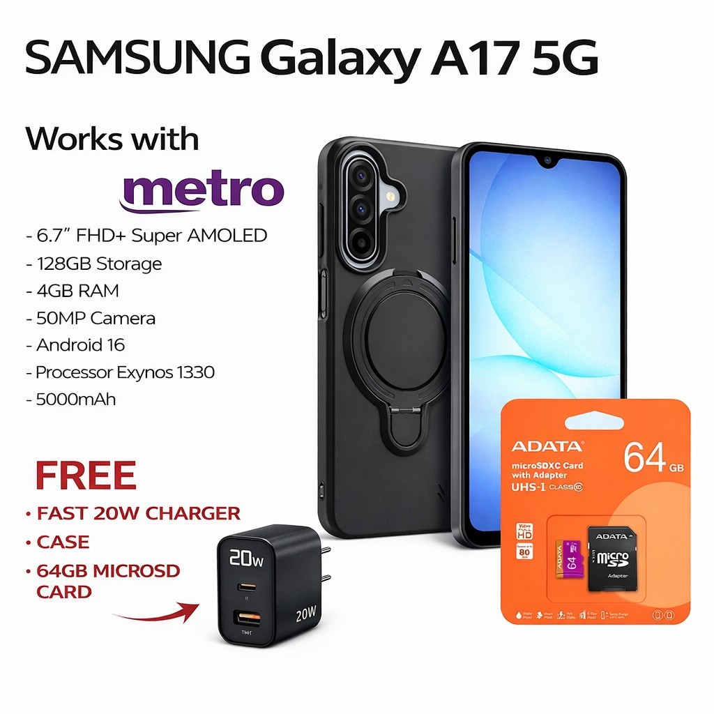 Bundle Samsung Galaxy A17 5G 128GB 4GB RAM (MetroPCS ONLY) Open Box Bundle