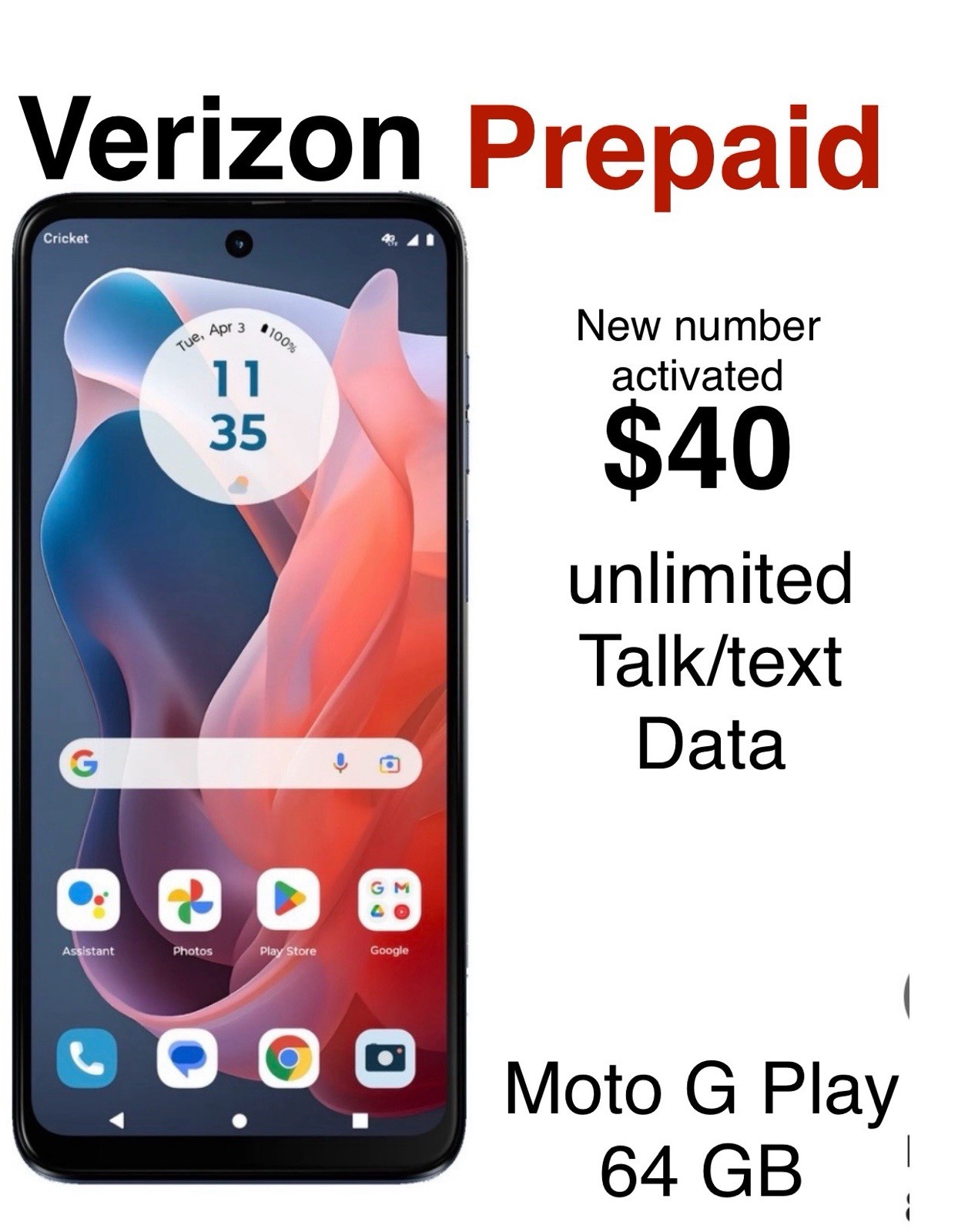 Verizon Motorola G Play with 1 FREE month of VZW Prepaid service! No contract!