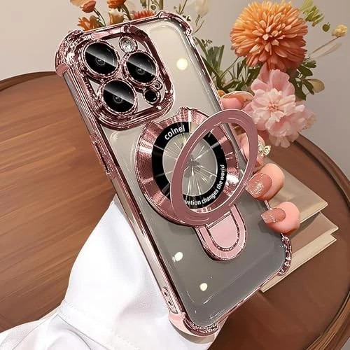 Pink Shockproof Silicone Case for iPhone 16 Pro Max with Magnetic Ring Kickstand