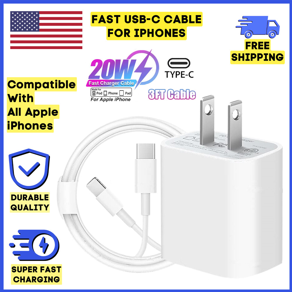 20W Fast Charger USB-C Cable Charging Cord for iphone 6 7 8 10 11 12 13 pro Max