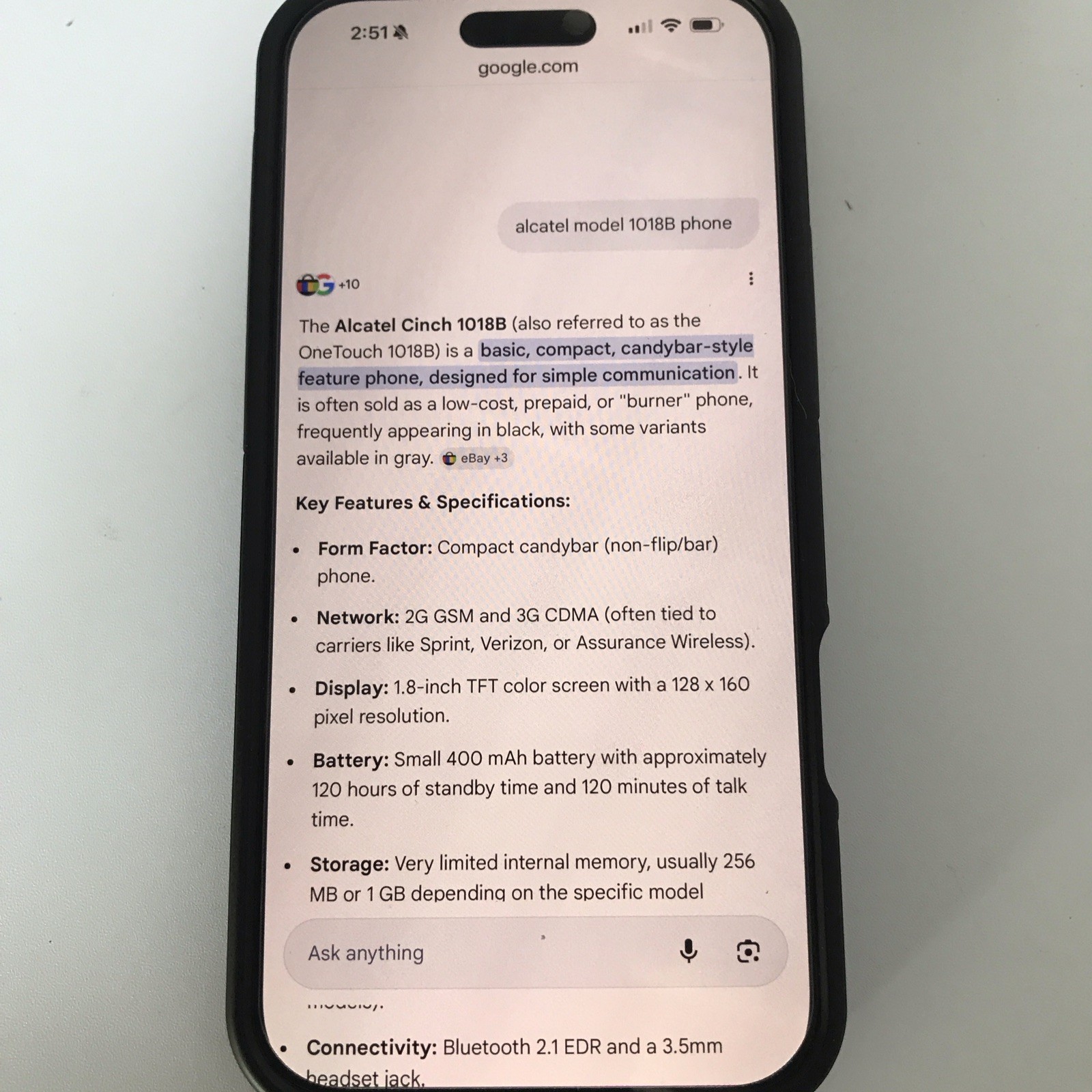 Alcatel 1018B OneTouch Black Bar Phone Single SIM Color Screen