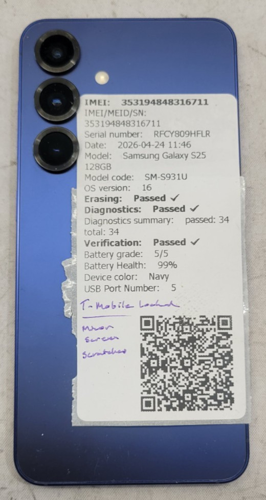 Samsung Galaxy S25 – 128GB – SM-S931U – OS:16 – Screen Scratches – T-MBL Locked