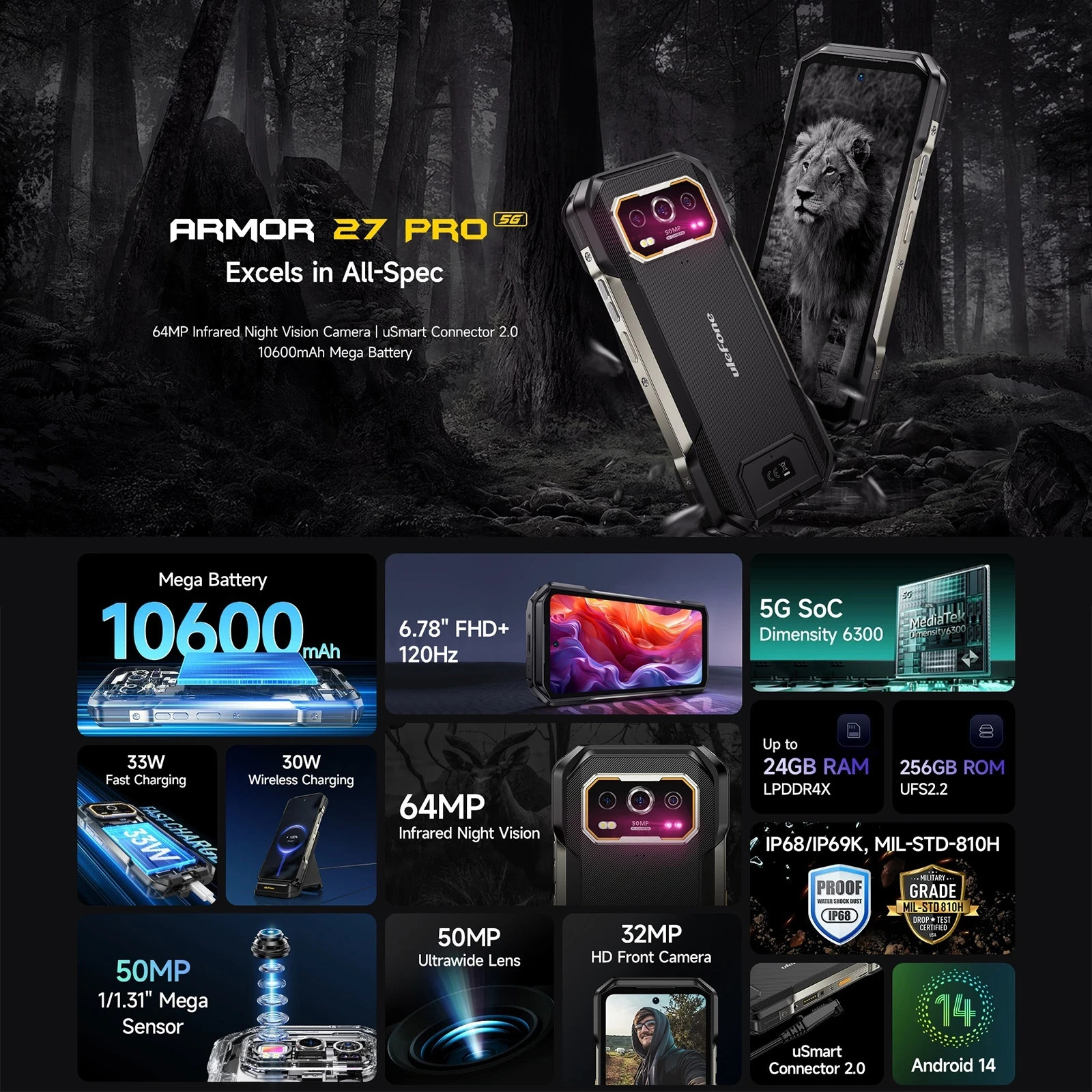 50MP+64MP Night Camera 6.78″ 120Hz 24GB+256GB NFC 10600mAh Smart Rugged Phone