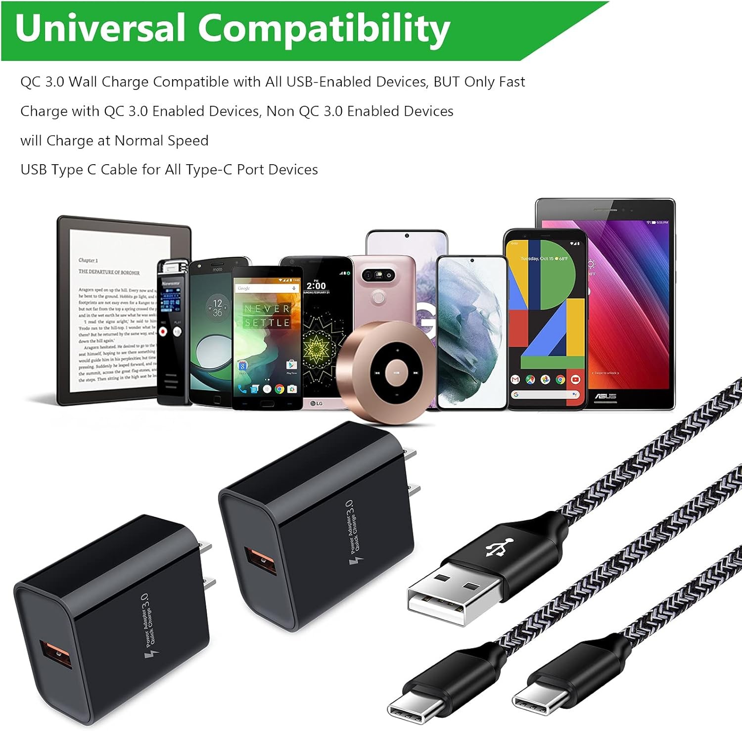 18W Type-C Fast Charger Adapter for Moto G Pure/G Stylus 5G + 2PC 6ft Cable