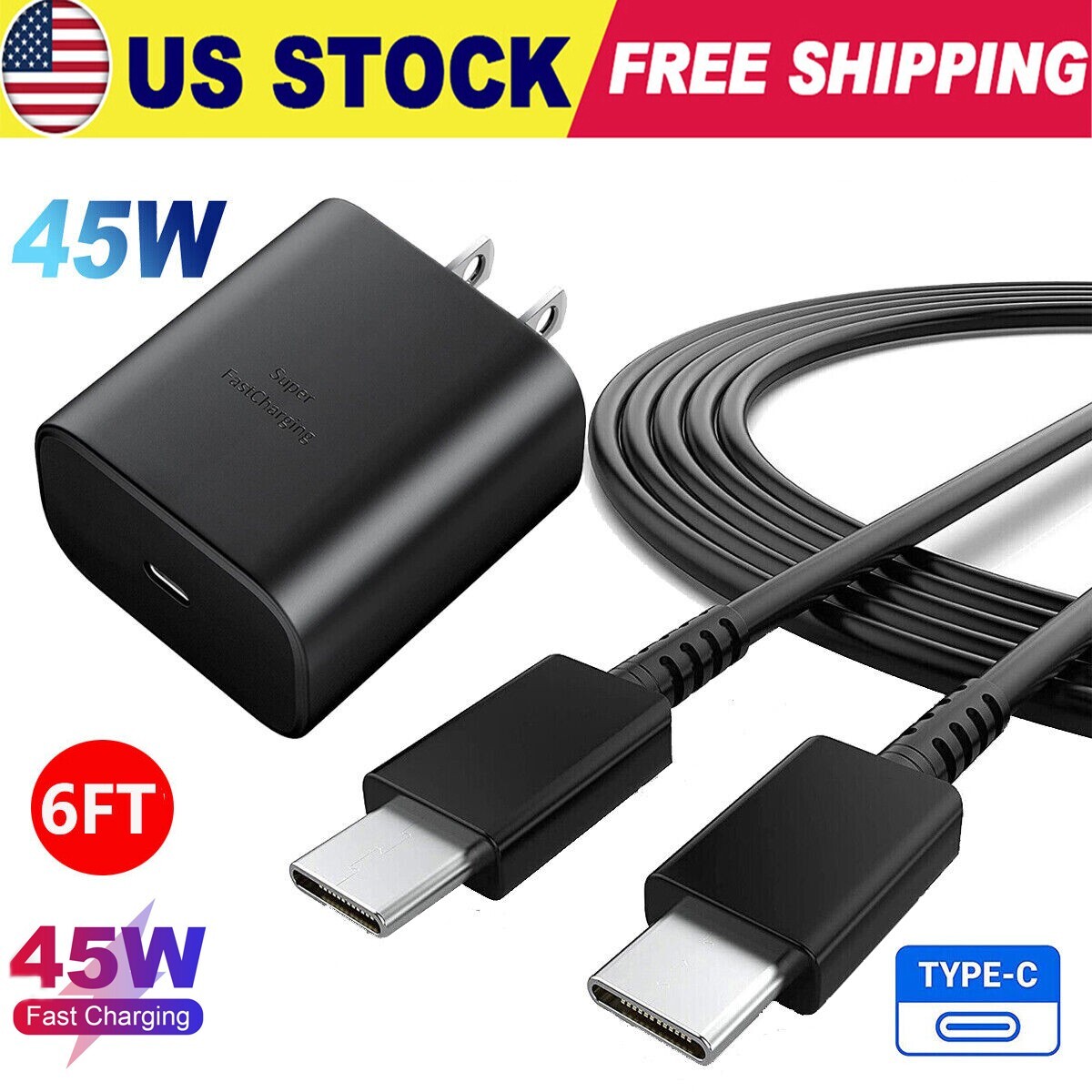 45W Super Fast Wall Charger 6FT Type USB-C Cable For Samsung Galaxy S21 S22 S23