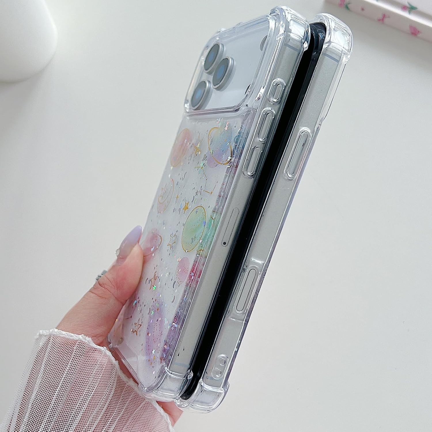 iPhone 17 Air Clear Glitter Case, Cute Girly Bling Sparkle Planet Space Stars Mo