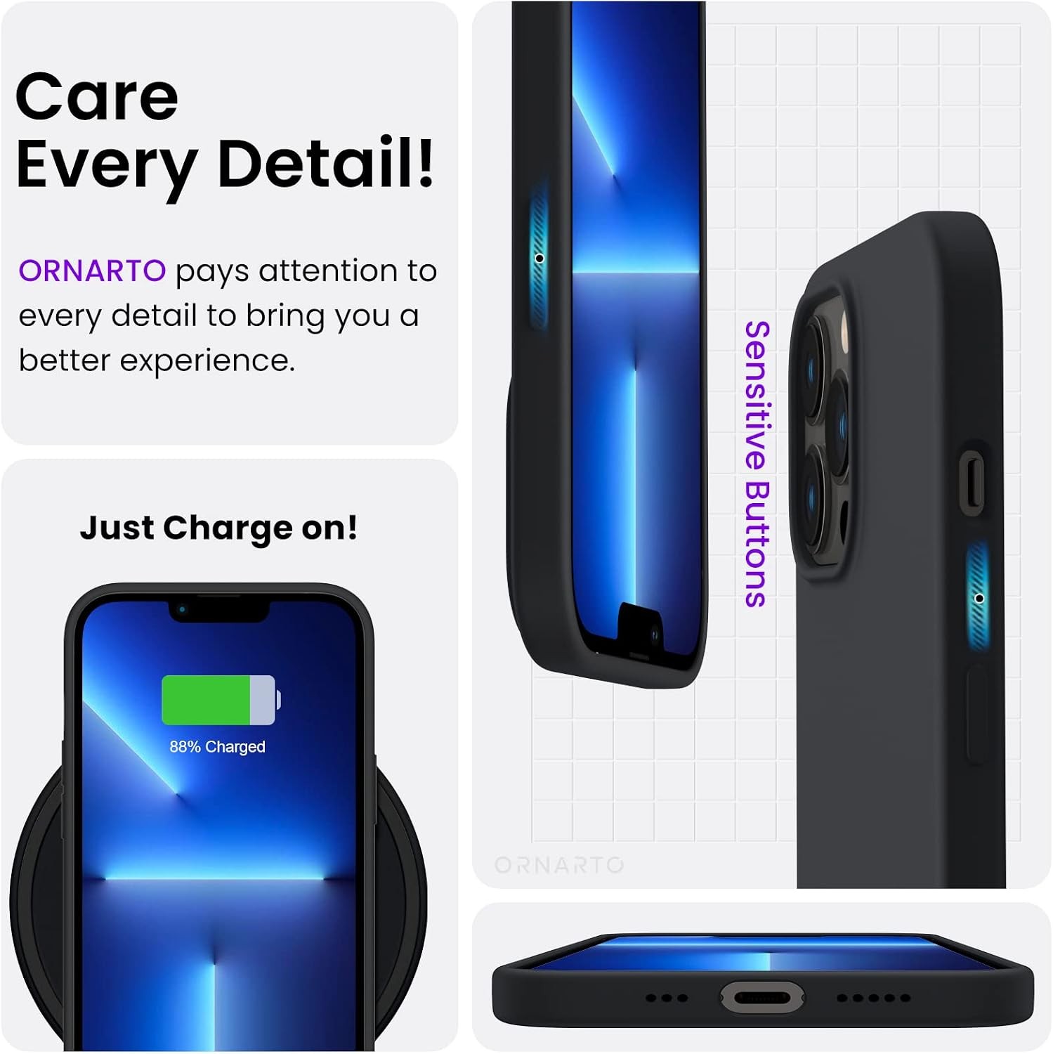 Midnight Black Slim Liquid Silicone Case for iPhone 13 Pro 6.1 inch, 3 Layers Co