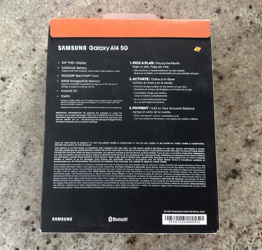 Boost Mobile Samsung A14 5G 64GB 6.6″ FHD+ Display Prepaid Smartphone Black New
