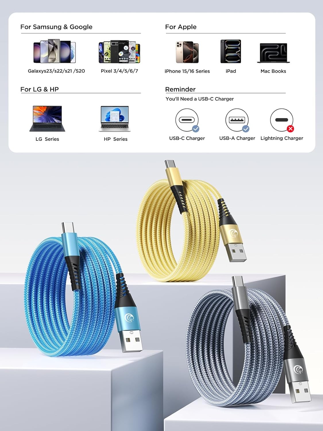 10FT Type-C Charging Cable 3 Pack, Fast Charge for Samsung Galaxy S24 S23 S22