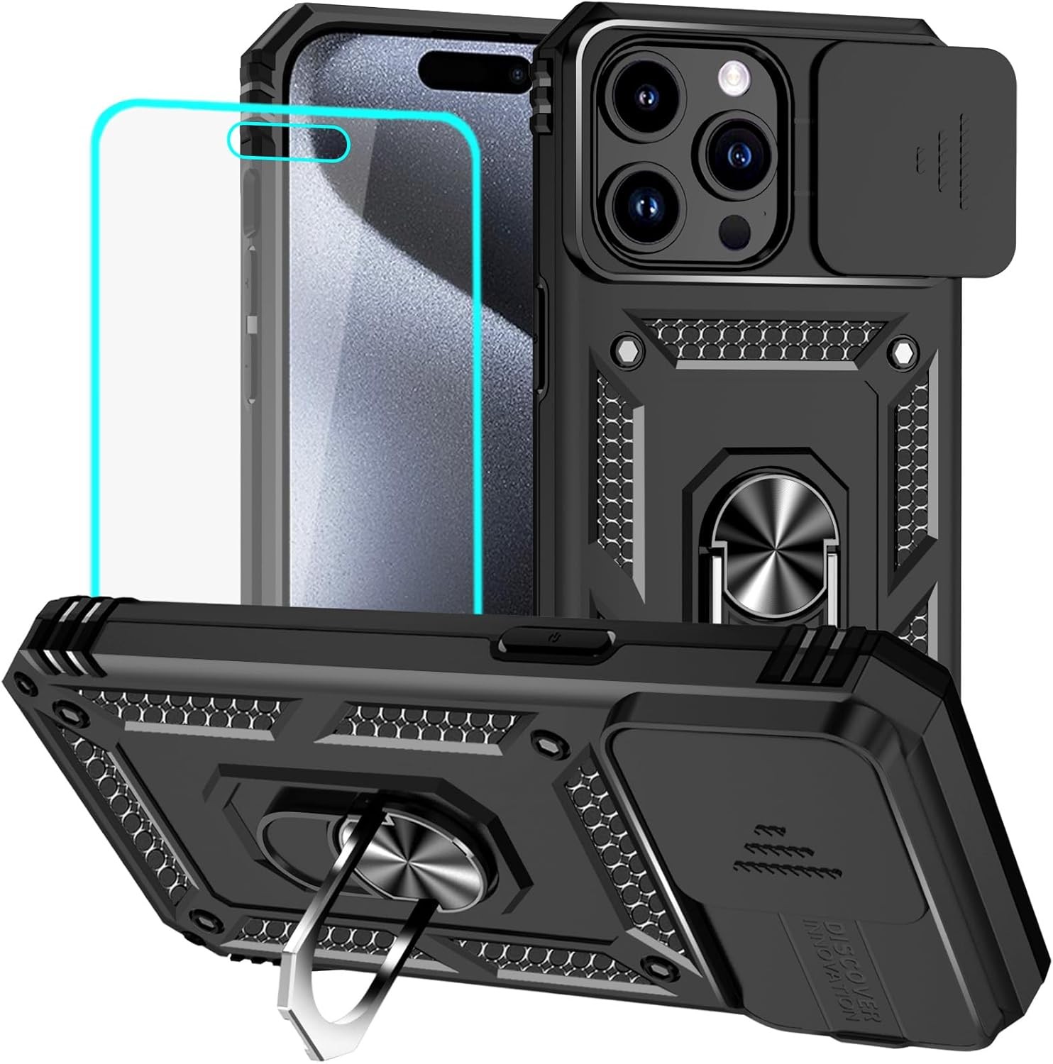 Military Grade 20ft Drop Tested iPhone 15 Pro Case with HD Screen Protector Blac