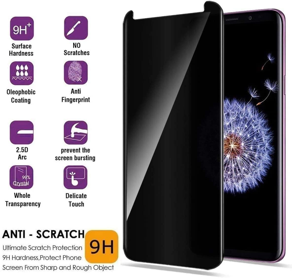 2-Pack Anti-Spy Tempered Glass Screen Protectors for Samsung Galaxy S9 5.8