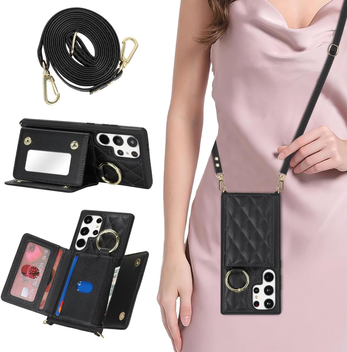 Cute Phone Wallet Case for Galaxy S24 Ultra 6.8 inch, Strap & Card Holder – Blac