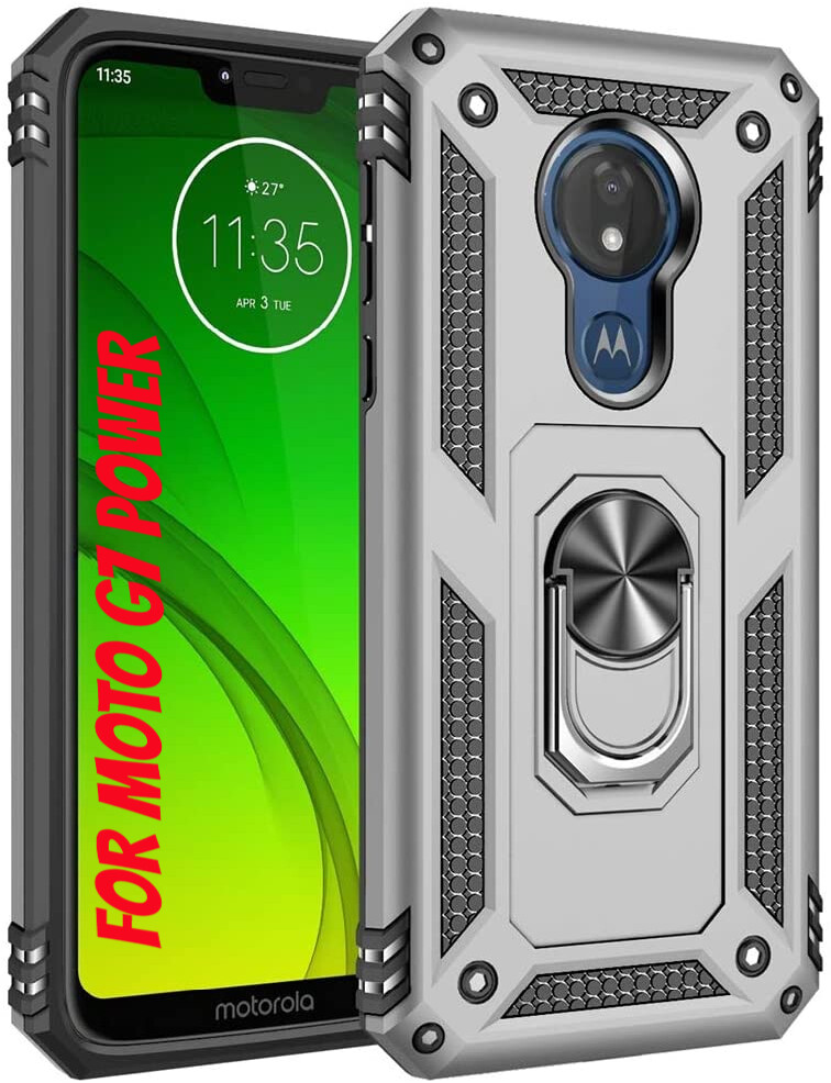 For Motorola Moto G7 Power Case 360 Metal Rotating Ring Kickstand Cover Silver